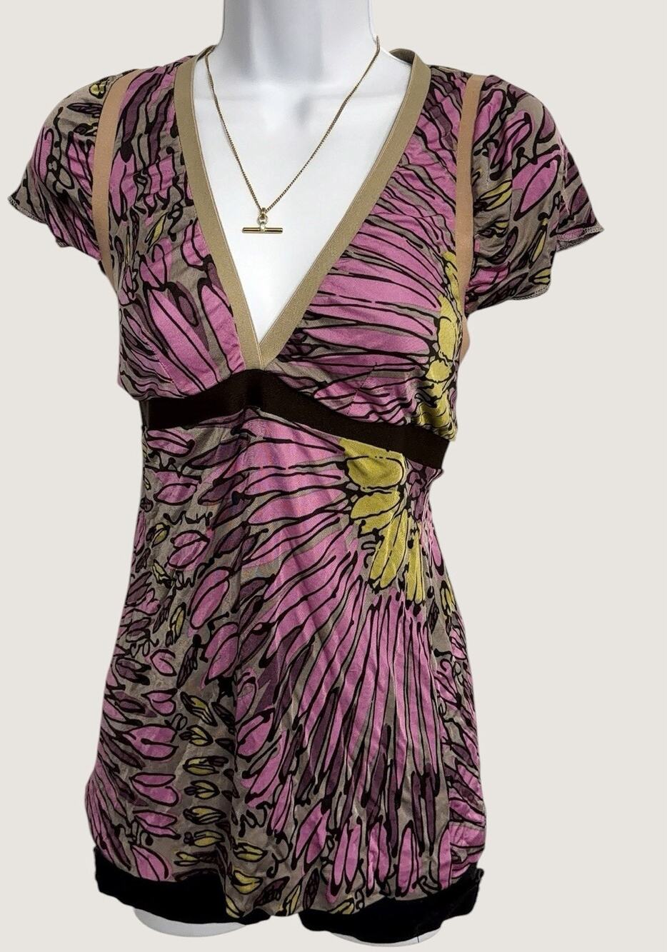 Y2K Floral Empire Waist Tunic Top | Pink Brown Graphic Print | Women’s